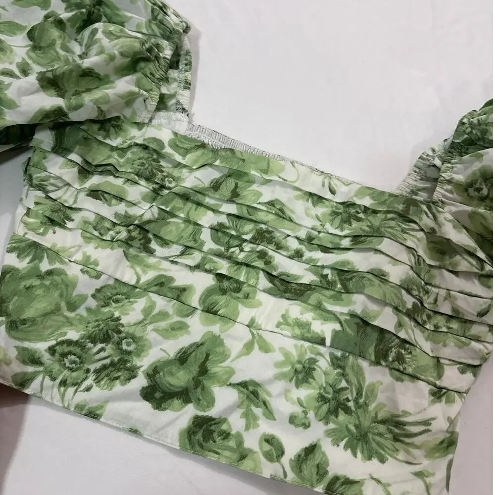 Abercrombie & Fitch Womens M Puff Sleeve Poplin Squareneck Top Green Floral